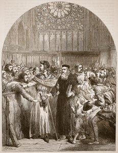 Wycliffe compareciendo ante los prelados en San Pablo para responder a la acusación de herejía en 1377, ilustración de 
